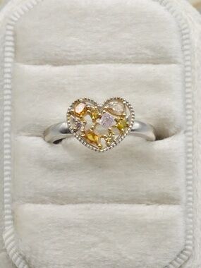 18K White Gold Natural Multi Color Diamond Heart Ring | Yellow Pink Champagne